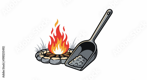 Campfire with stones and a scoop of embers next to grass