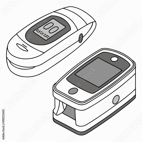 A detailed illustration showcases two different pulse oximeter designs in a black and white line drawing style displaying health monitoring devices