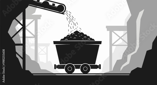 Coal mine cart receiving loose material from overhead conveyor