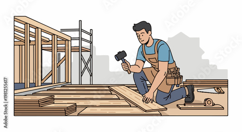 Carpenter working on wood flooring and house frame