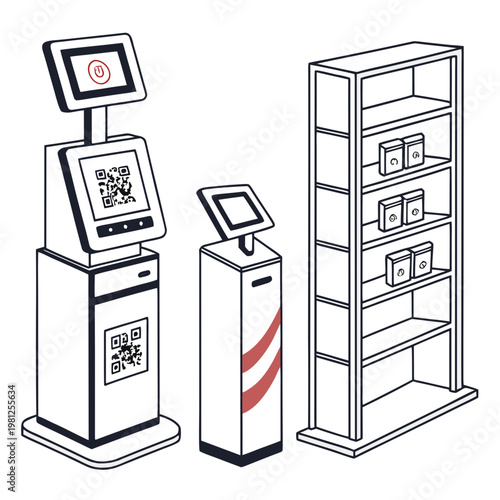 A linear illustration depicts a kiosk setup with multiple digital displays shelving and a qr code reader high quality professional detailed modern