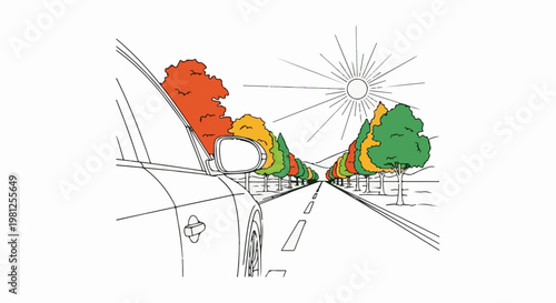 Car's perspective on a sunny road lined with colorful trees