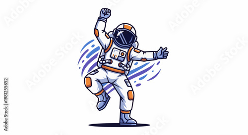 Cartoon astronaut dancing in outer space with colorful swirling lines