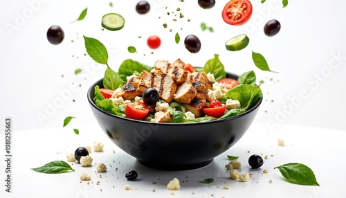 Grilled chicken and feta cheese salad in black bowl. Fresh lettuce cherry tomatoes olives cucumber and basil fly in air. Healthy Mediterranean meal prep.