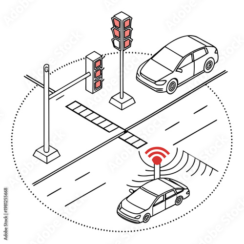 An illustrative depiction showcases a connected traffic intersection with a vehicle approaching a red light utilizing iot technology high quality professional detailed