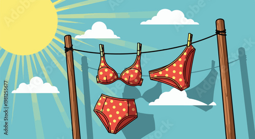 Bright sunny day with polka dot bathing suit drying on a clothesline