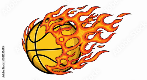 Bright yellow basketball engulfed in vibrant orange and red flames