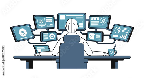 Person working with multiple computer monitors displaying data and charts.