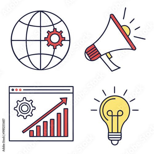 This graphic depicts global communication broadcasting website analytics and innovative ideas represented by distinct colorful icons high quality professional detailed modern elegant