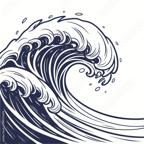 A dynamic stylized illustration depicts a powerful ocean wave cresting with swirling lines and whitecaps against a white background high quality professional