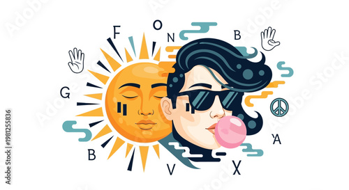 Stylized illustration of a person with sunglasses and sun with letters.