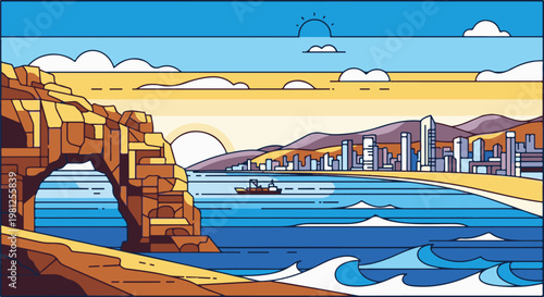 Coastal archway reveals city skyline, sunny beach, and ship at sea