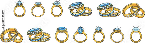 Diamond ring vector set with gold jewelry, engagement rings, and luxury gemstone accessories in elegant illustration style
