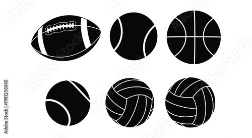 Various sports balls depicted in a minimalist black silhouette