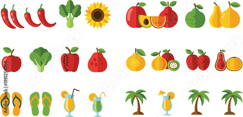 Flat Tropical Fruits and Summer Elements Set with Apples Peppers Pears Drinks Palm Trees and Beach Accessories Colorful Vector Illustration Collection