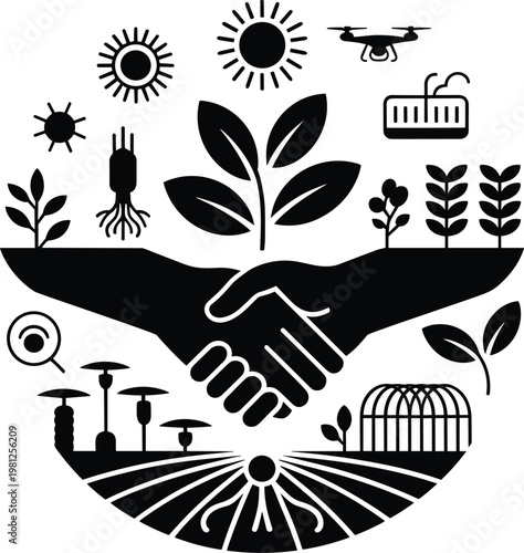Sustainable smart agriculture partnership, handshake concept with technology, drone, greenhouse, crops, eco farming and innovation growth