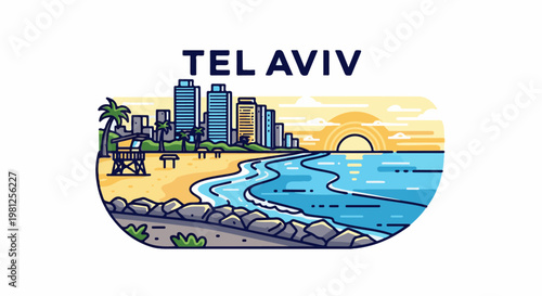 Coastal city skyline with beach, ocean waves, and sunset