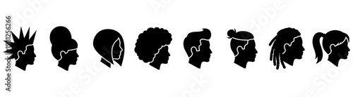 Diverse hairstyle collection of male and female head silhouettes in profile view