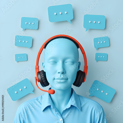 Customer support avatar wearing headset surrounded by chat icons, communication