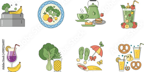 Healthy Food and Drink Illustration Set with Fruits Vegetables Smoothies Salad Tea Snacks and Summer Lifestyle Elements in Cute Flat Style