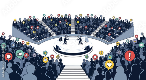 Public debate or argument between two people in a crowded auditorium