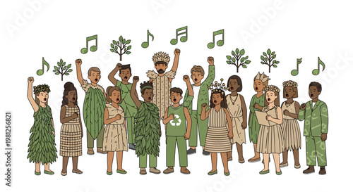 Diverse group of people celebrating environmental conservation with music and plants