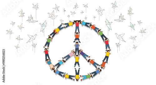 People forming peace sign with colorful clothing and doves flying