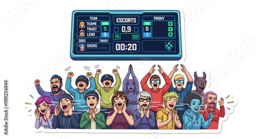 cheerful diverse people celebrating with raised hands and a scoreboard