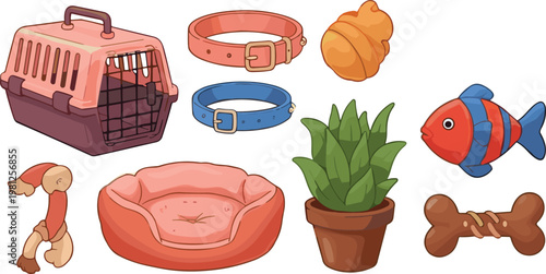 Pet Care Accessories Set with Dog Bed Carrier Collar Toy Fish Bone and Plant Elements in Cute Cartoon Style Vector Illustration