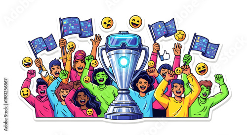 cheerful crowd celebrating with trophy and flags