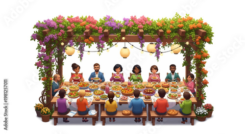 Illustration of diverse people dining under floral pergola
