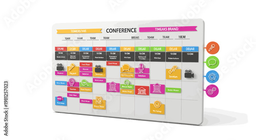 Colorful sticky notes on conference schedule board