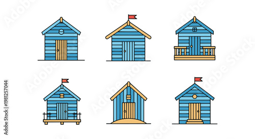 Beach Hut Line art vector set clean color pattern illustration