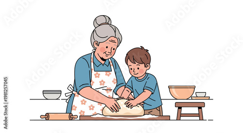grandmother and child baking together in kitchen