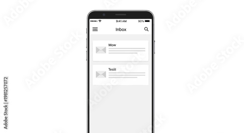 Smartphone displaying email inbox on screen isolated on white background