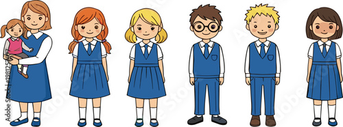 School children character vector set with boys and girls in uniform, different hairstyles, and cartoon student illustration