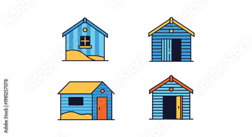 Beach Hut Line art vector set clean colorful pattern
