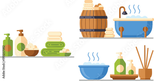 Spa wellness elements vector set with sauna, bath, towels, soap, and aromatherapy accessories in flat design illustration