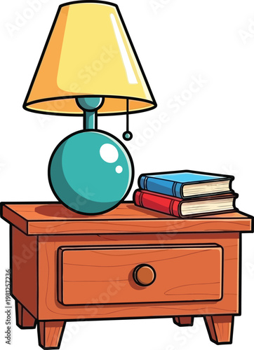 A charming vector illustration of a wooden bedside table featuring a yellow lamp and two stacked books