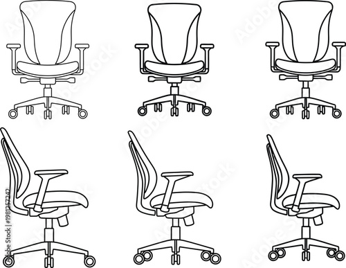 Set of professional ergonomic office chair vector illustrations showing front and side views for interior design projects