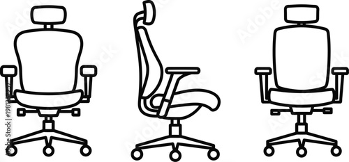 Set of three professional ergonomic office chair vector illustrations showing front side and back views for interior design projects