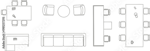 Top down view of various office furniture arrangements including rectangular conference tables and comfortable lounge seating areas