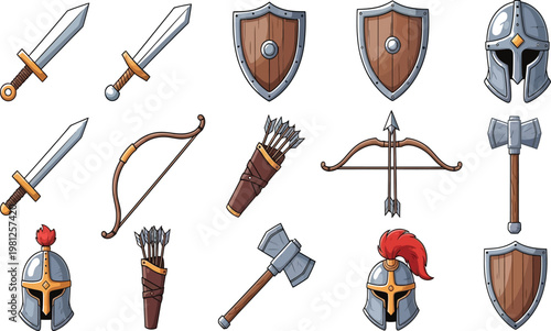 Collection of medieval weapons and armor depicted in a simple graphic style Vector
