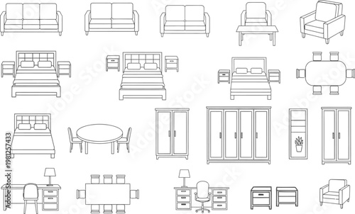 Comprehensive collection of interior furniture icons featuring various sofas beds tables wardrobes and office desks in minimalist vector style