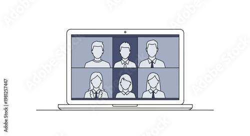Video conference on laptop screen with six people online meeting isolated on white background vector illustration