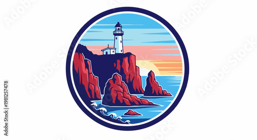 Coastal lighthouse on rocky cliffs at sunset with ocean waves