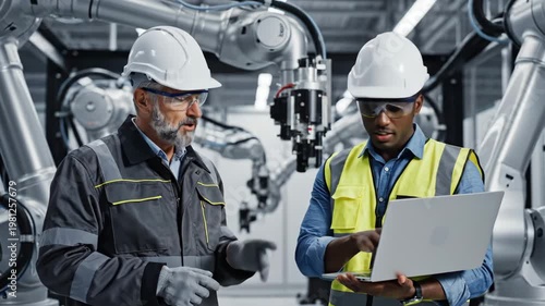 Diverse Engineers Discussing Automation and Robotics in High-Tech Manufacturing Plant