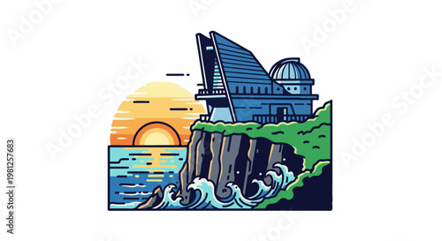 Coastal observatory at sunset overlooking ocean waves