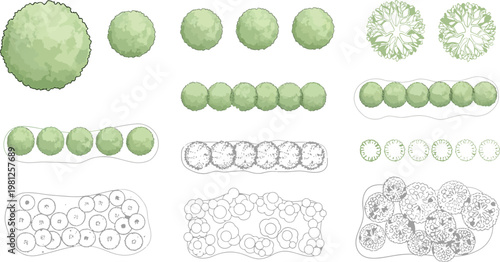 Set of architectural landscape design elements featuring various green tree top views and shrubbery for site planning projects