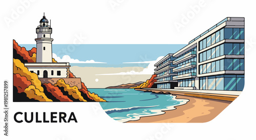 Coastal scene with a lighthouse, modern buildings, ocean, beach, and distant hills under a partly cloudy sky